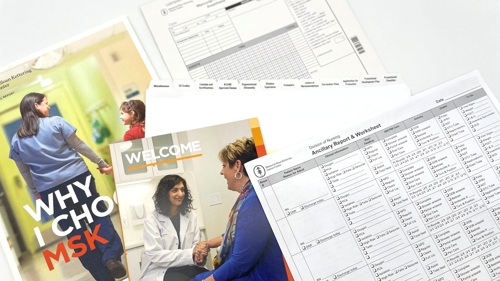 Professional healthcare and corporate print communications showing branded brochures, presentation folders, and collateral for Memorial Sloan Kettering and enterprise clients